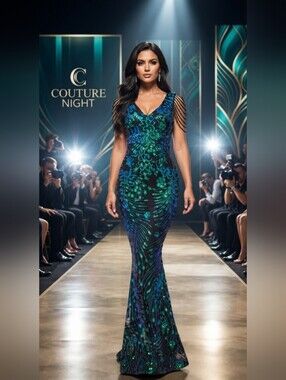 Dark Green, Floral, Sleeveless, V Neck, Contrast Sequined Mermaid Max…